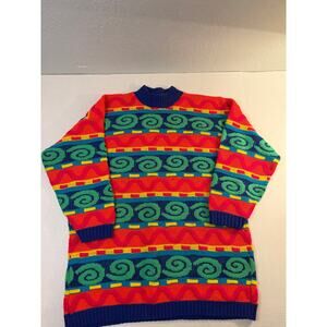 VINTAGE 90s Arielle Sweater Women Striped Pink Orange Geometric Floral Retro USA